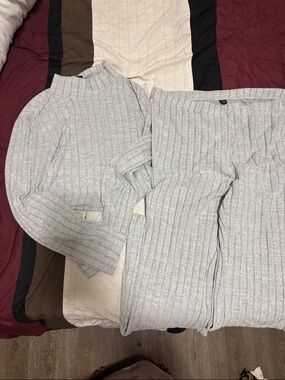 SHEIN Light Gray Ribbed Knit Jumpsuit Set